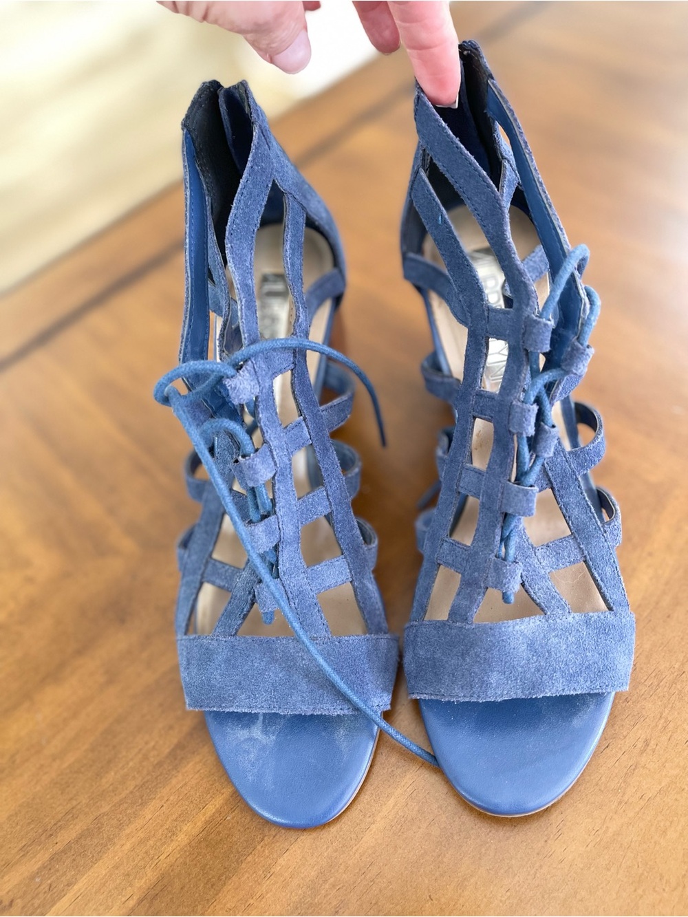 Blue Suede Lace-Up Cage Heels